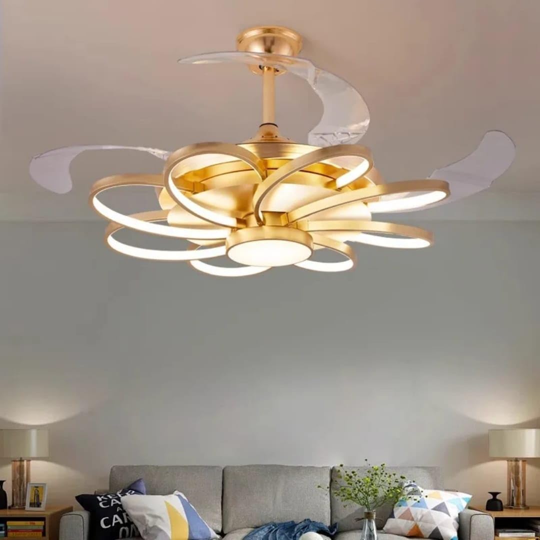 Glowave™ 8 Leaves Flower Shape Chandelier Fan 52 Inch Gold Retractable Blades Remote Control for Kitchen, Cafes, Hotels, Dining, Bar - Tricolour | Warm White, White, Natural White | (K-6228 Gold)-image-13