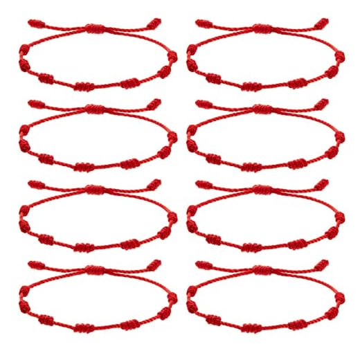 VEGCOO 8 Piezas Pulsera Roja 7 Nudos, Pulsera Hilo Rojo Pulsera Mal de Ojo para Protección y Buena Suerte, Amuleto del Kabbalah, Pulsera Ajustable para Parejas Hombre Mujer y Familia (A-rojo)