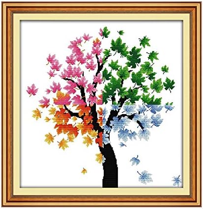 Printed Cross Stitch Kits 14CT 21x21inch 100% Cotton Holiday Gift DIY Embroidery Starter Kits Easy Patterns Embroidery for Girls Crafts DMC Stamped Crossstitch Supplies Needlewor Four Season of Life
