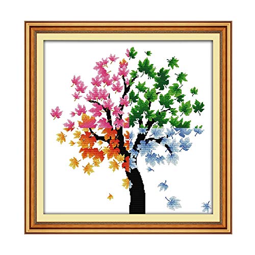 ITSTITCH Printed Cross Stitch Kits 14CT 21x21inch Holiday Gift DIY Embroidery Starter Kits Easy Patterns Embroidery for Girls Crafts DMC Stamped Crossstitch Supplies Needlewor Four Season of Life