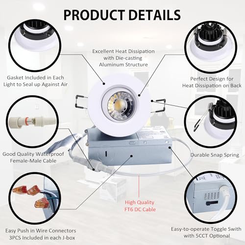 Image of POPANU Canless Recessed Gimbal Downlight Rotatable-Spotlight 5 CCT 3 Inch Eyeball Ceilling Potlight, Dimmable Recessed Lights Fixture with Junction Box, 8W CCT Adjustable, White Round Trim, 6 Pack