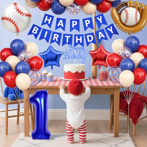 Image of 1st Birthday Decorations for Boys Baseball,Navy Blue Red Nude Balloons | Party Decorations Birthday Banner with Number 1 Baseball Glove Foil Balloons Cake Topper Sport Party Baby Shower