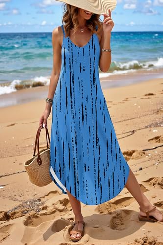 Image of Zeagoo Women's Casual Sundress Summer Maxi Sleeveless V Neck Split Boho Beach Dress Travel Vacation Dress with Pockets