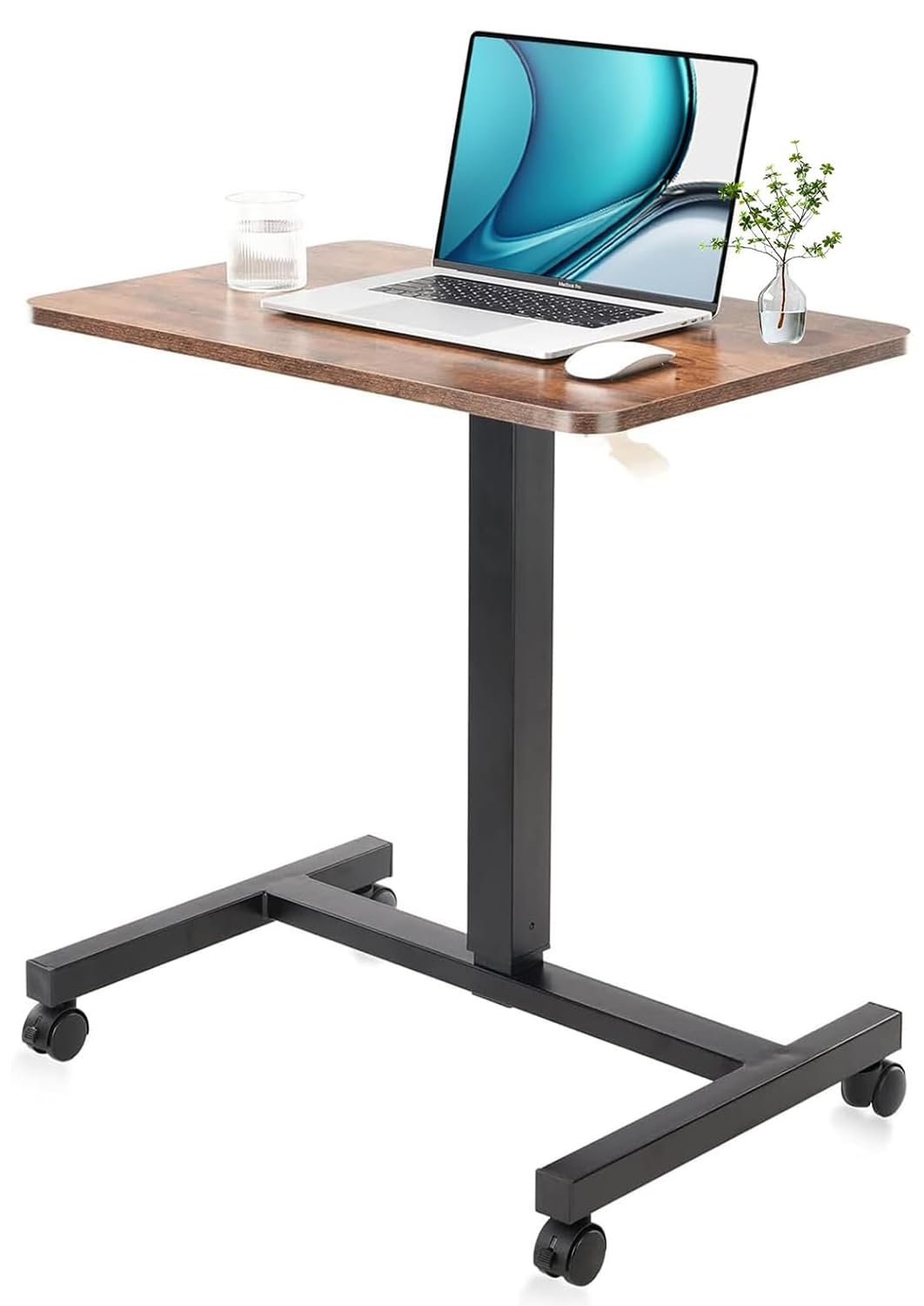CLATINA Mobile Laptop Desk Pneumatic Sit to Stand Table Height Adjustable Rolling Cart with Lockable Wheels for Home Office Computer Workstation, 71 x 48 cm Brown Round Edge Design Elegant โ image 1