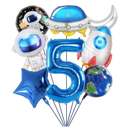 SPHERETRON Globos Astronauta Espacio Decoración de Cumpleaños 5 Años Fiesta Espacio Tema Cohete Astronauta Globo Nave Espacial Globos Decoración de 5 para Niños de Cumpleaños Universo Fiesta Temática