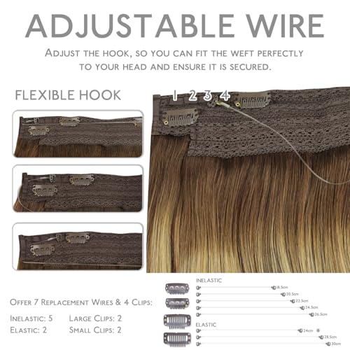 Image of WENNALIFE Wire Hair Extensions Real Human Hair 14 inch 75g Balayage Chocolate Brown to Honey Blonde Remy Hair Invisible Transparent Wire Straight Reusable Natural Easy to Apply Reusable for Volume