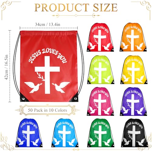 50 Pack Jesus Loves You Drawstring Backpack, 10 Bulk Easter Church s Christian Religious Bag Polyester Backpack, Bible Verse Party for FAVORS for Bible School, Easter Bags2