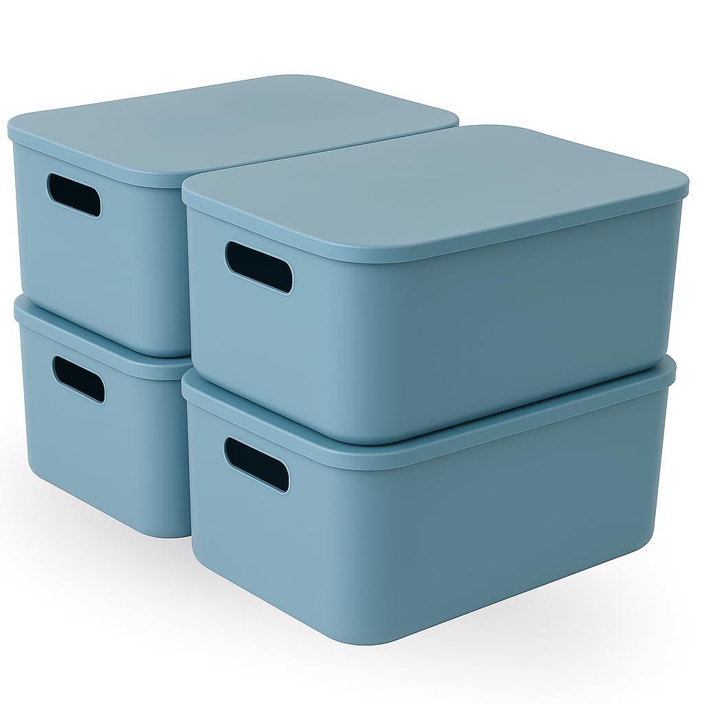 Blue Orange Plastic Storage Box with Lids,4Pack Stackable Plastic Storage Basket with Stackable Cupboard Organiser for Shelves,Kitchen,Bathroom,Playroom,Classroom,Office,Nursery,Home,Desktop Organizer