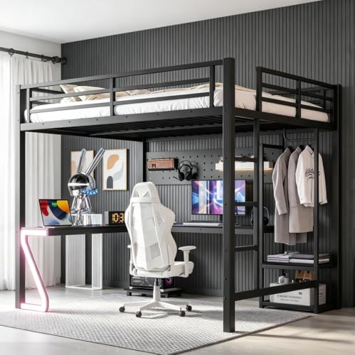 Image of Bellemave Queen Size Loft Bed with Desk and USB Ports, Computer Tray, Peg Board LED, Metal Full Loft Bed Frame for Adults, Kids, Teens, Black