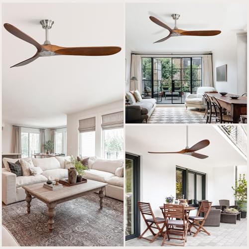 Image of CACI Mall 60 inch Ceiling Fan no Light, Outdoor Ceiling Fans for Patios Without Lights, Remote Control, Solid Wood 3 Blades, Quiet, Indoor Ceiling Fan for Living Room, Patio, Bedroom, Porch, Farmhouse