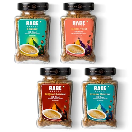 Image of RAGE COFFEE Silk Blend 60G X 4 Flavoured Instant Coffee Powder Of Belgian Chocolate, Classic, Creamy Hazelnut, Perfect Coffee Blend | Hot & Cold Coffee | Bottle| Pack Of 4- (240 Gram)
