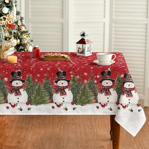 Horaldaily Christmas Tablecloth 60×84 Inch Rectangular, Winter Snowman Trees Red Washable Seasonal Table Cover for Party Picnic Dinner Decor