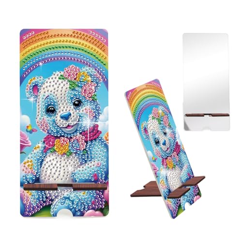Image of Bear in Rainbow Diamond Painting Phone Stand with Mirror, DIY Wooden Diamond Art Desktop Holder, 2-in-1 Diamond Painting Tabletop Ornament - Phone Stand and Mirror for Home and Office