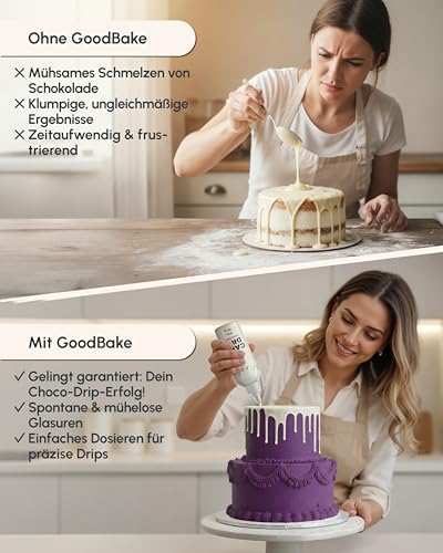 GoodBake Cake Drip Choco 150g Weiß | Schokoglasur zum Dekorieren & Verzieren von Torten, Cup Cakes & Keksen | Kuchenglasur glutenfrei | Tortendeko Made in Germany