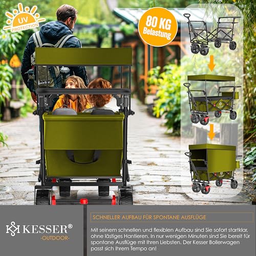 KESSER® Bollerwagen faltbar GT9000 mit Dach Handwagen Transportwagen | inkl. 2X 3-Punkt Gurtsystem| klappbar | Vollgummi-Reifen | bis 80 kg | Vorder- und Hinter-Bremse | + Tragetasche, Khaki – Bild 8