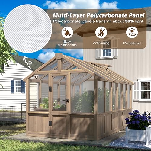 Image of Mupater 6'x12' Wooden Polycarbonate Greenhouse,Outdoor with Ventilated Window and Lockable Door, Walk-in Greenhouse for Backyard, Patio, Lawn, Brown
