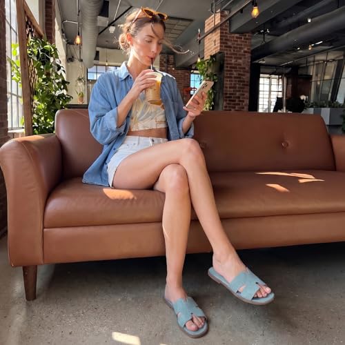 Image of Rihero Flat Sandals Women Dressy Comfortable Slip On Leather Slide Sandals