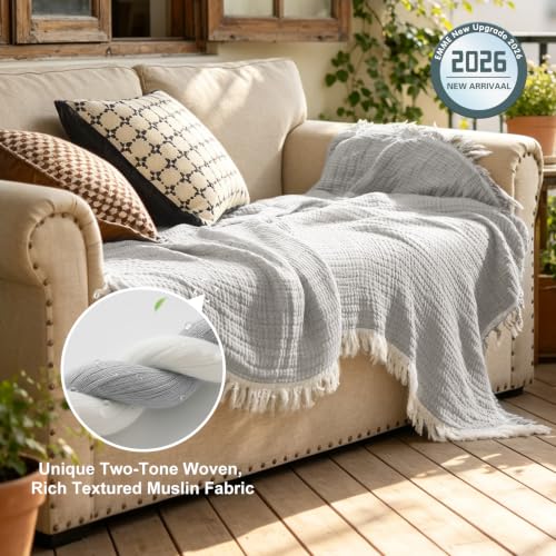 Image of EMME Muslin Queen Blanket with Tassels, 100% Cotton Gauze, Grey, 80 inchx90 inch | Soft Breathable Gauze Throw, Lightweight, Cozy for Adults Couch Sofa Bed, Gifts for Women Mom, Boho Home Decor, All Season