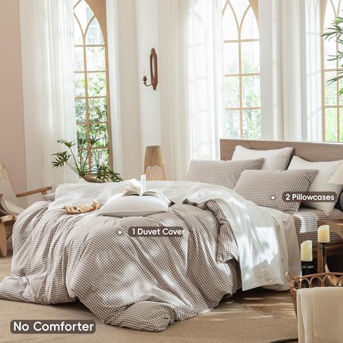 Image of MooMee Gingham Duvet Cover Set 100% Washed Cotton Linen Like Textured Breathable Durable Soft Comfy Modern Checkered Design (Mini Gingham Brown, Queen 90 inchx90 inch)