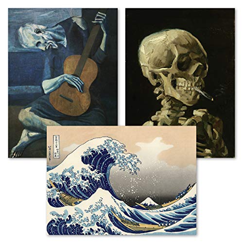 3 Pack Of Posters: Vincent Van Gogh Skeleton + The Old Guitarist By Pablo Picasso + The Great Wave Off Kanagawa By Katsushika Hokusai - Set Of 3 Fine Art Prints (Laminated, 18" X 24") #TOP12