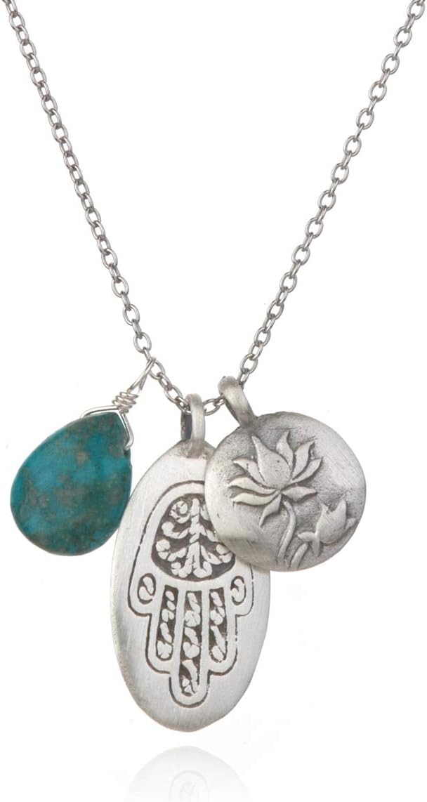 Satya Jewelry Classics Sterling Silver Turquoise Hamsa Lotus Necklace (18-Inch)