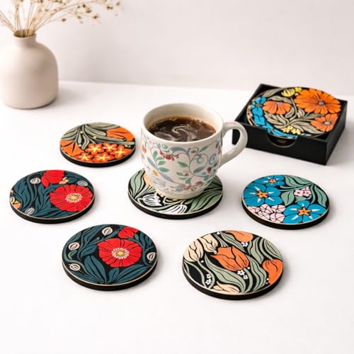Image of Zesta Coasters for Cups Set of 6 / Wooden Coasters for Bar Accessories for Home /Tea Coaster Set of 6 / Waterproof Dining Table Decor Glass Cover (Black Floral, Circle)