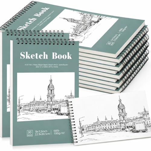 12 Pack Sketch Book 9 x 12 Inch Sketchbook 68lb/100gsm Top Spiral Bound Sketch Pad Acid Free Art Supplies Drawing Painting Sketching Paper for Adults Beginners Artists (30 Sheets Each)