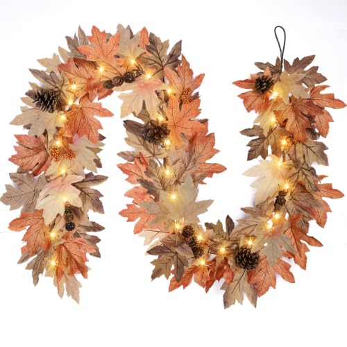 6 Ft Fall Garland with Lights & Timer, Thanksgiving Fireplace Mantel Decor - image 1