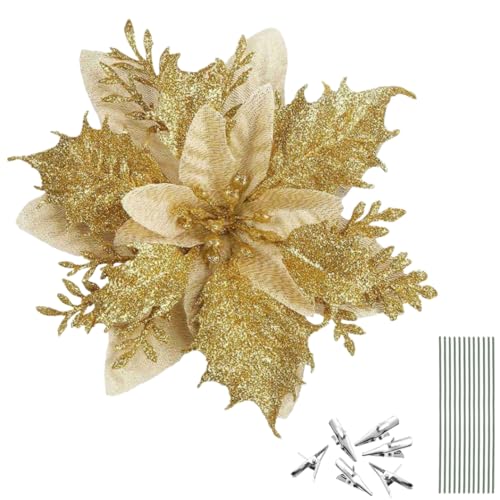 Lot de 20 Fleurs de Noël Artificielles Dorées avec Clip, Poinsettias Brillants à Paillettes pour Décoration de Sapin, Guirlande, Couronne ou Table, Ornements Festifs pour Maison et Fêtes (Doré)