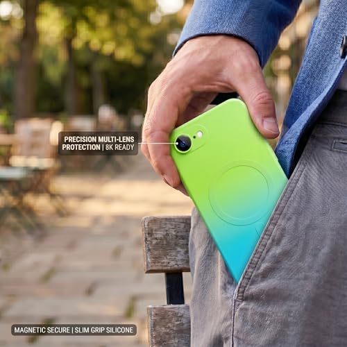 Image of amazon basics Gradient Mag-Safe Case for iPhone 16E | Soft Silicone Shockproof Cover with Camera Protection | Slim Lightweight Design | Smooth Touch & Durable - Green & Blue