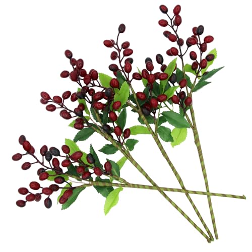 4PCS Artificial Flower Artificial Berry Stems Faux Red Berry Stems Faux Berries Olive with Leaves Fake Berries Branches Fake Fruit with Bendable Stem for Christmas Vase Floral Arrangement(Dark Red)