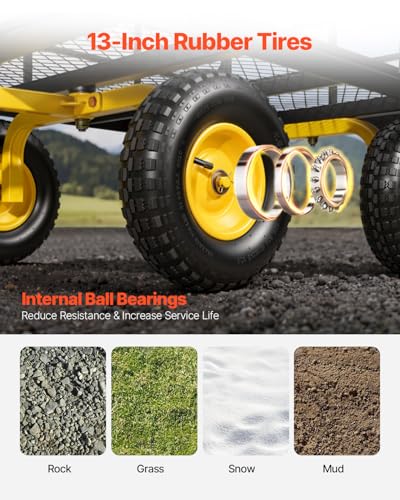 Image of VEVOR Steel Garden Cart, 1200 lbs Heavy Duty Pullable Garden Wagon Yard Cart, 2 in 1 Outdoor Metal Utility Wagon Yard Trailer with 13 inch All Terrain Tires, Mesh Detachable Sides and 180 Rotating Handle