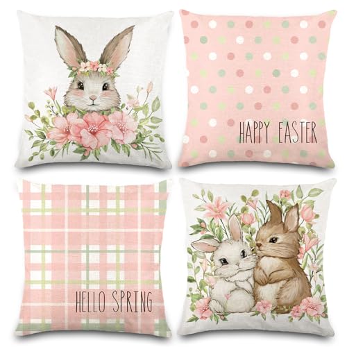 YUJUN 4 Pack Easter Spring Pillow Covers, 18x18in Buffalo Plaid Farmhouse Rabbit Bunny Flower Easter Throw Pillows, Couch Decor