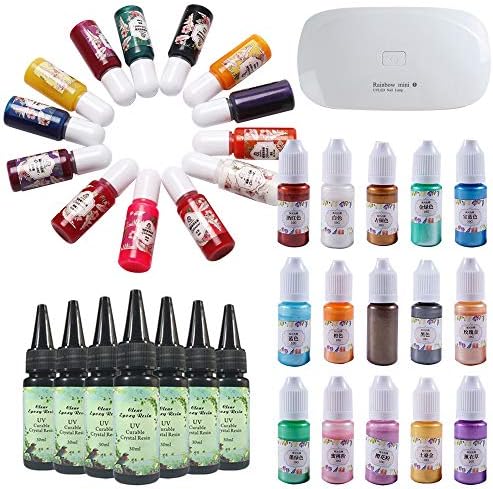 UV Curable Epoxy Resin Crystal Clear Transparent Kit, 15 Pearlescent Liquid Pigments, 13 Solid Color Liquid Pigments, with Mini UV Light Portable, Jewelry Making Kit DIY Craft Resin Art Set