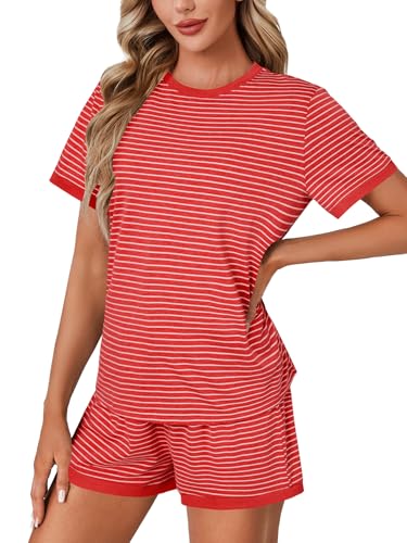 Image of LYANER Pajama Set for Women 2 Piece Lounge Set Striped Crew neck Short Sleeve Tops and Shorts Soft Sleepwear