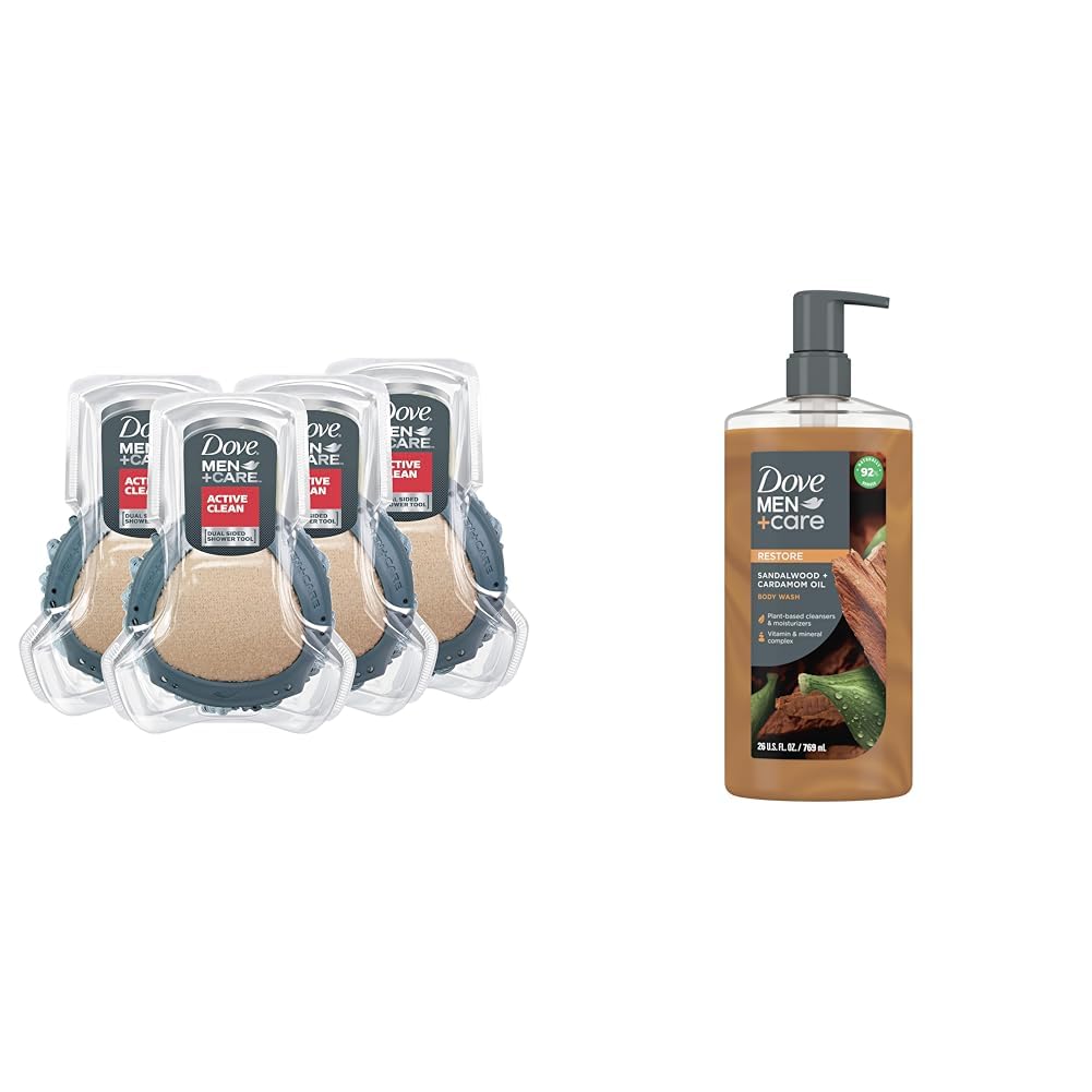DOVE MEN + CARE Shower Tool For Stronger, Healthy-Feeling Skin Active Clean Scrubs and Exfoliates Body Wash Sandalwood + Cardamom Oil to Rebuild Skin in the Shower