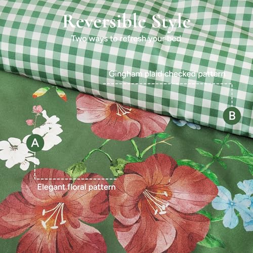 Image of Andency King Size 7 Piece Reversible Bed in a Bag - Botanical Floral & Gingham Comforter Set, Farmhouse Vintage Rustic Comforter,Forest Green