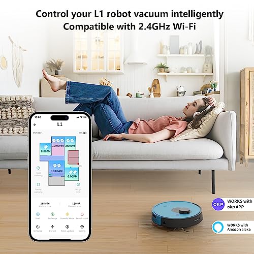 OKP 3800Pa Laser Navigation Robotic Vacuum, Logical Route Planning and Multi-Floor Mapping, Smart Self Charging Lidar Robot Vacuum Cleaner, Intelligent Alexa Hoover for Pet Hair