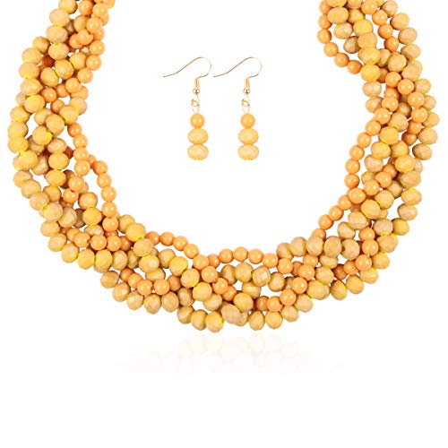 RIAH FASHION Braided Chunky Cluster Bead Bubble Statement Necklace - Multi Strand Twisted Colorful Twisted Ball Hammock Bib Collar Acrylic, Sparkly Crystal (Sparkly Twisted Bauble - Mustard)