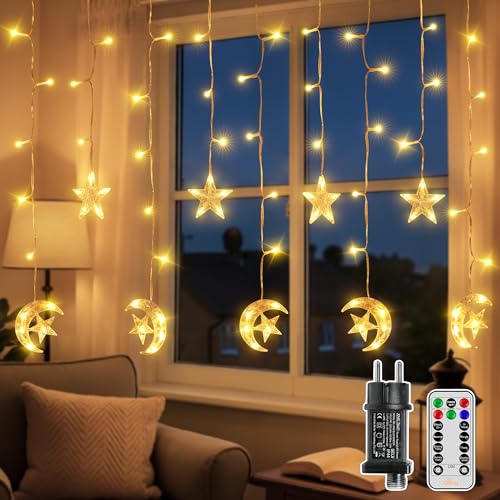 Ollny Ramadan LED Lichterkette, 2m 100 LEDs Sterne & Mond Vorhang Lichterketten mit Stecker und Fernbedienung, Warmweiß, 8 Modi mit Timer & Memory, für Fenster, Innen, Balkon, Ramadan Deko
