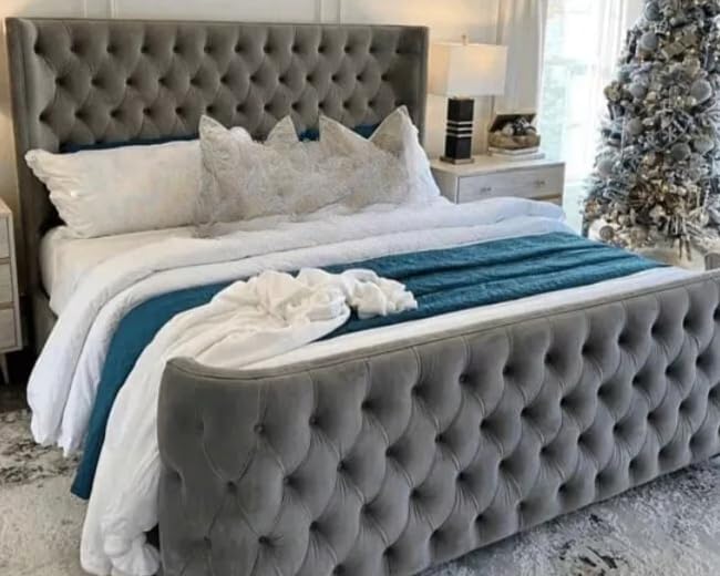 Bespoke Chesterfield Foot Wing Bed Frame - UK made - Single/Double/King/Super King Size Plush Velvet Fabric Upholstered (Silver Plush, Single without Mattress)