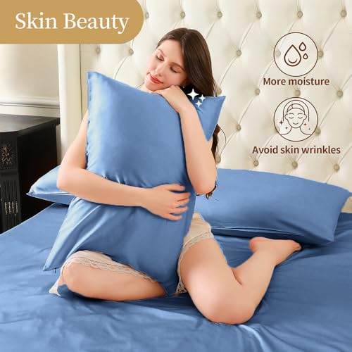 Mulberry Silk Pillowcase for Hair and Skin Queen Size 20"X 30" with Hidden Zipper Soft Breathable Smooth Cooling Pillow Covers for Sleeping(Blue,1Pcs) - image 3