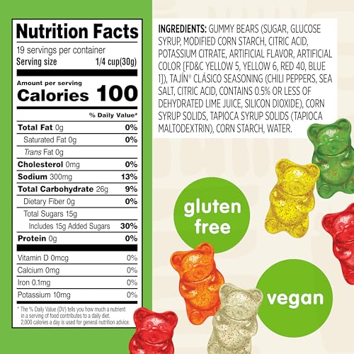Snak Club Tajin Gummy Bears, Assorted Fruit Candy Gummies with Chili and Lime Seasoning, Mild, Gluten-Free and Vegan Snacks, 20 oz Resealable Bag - image 2