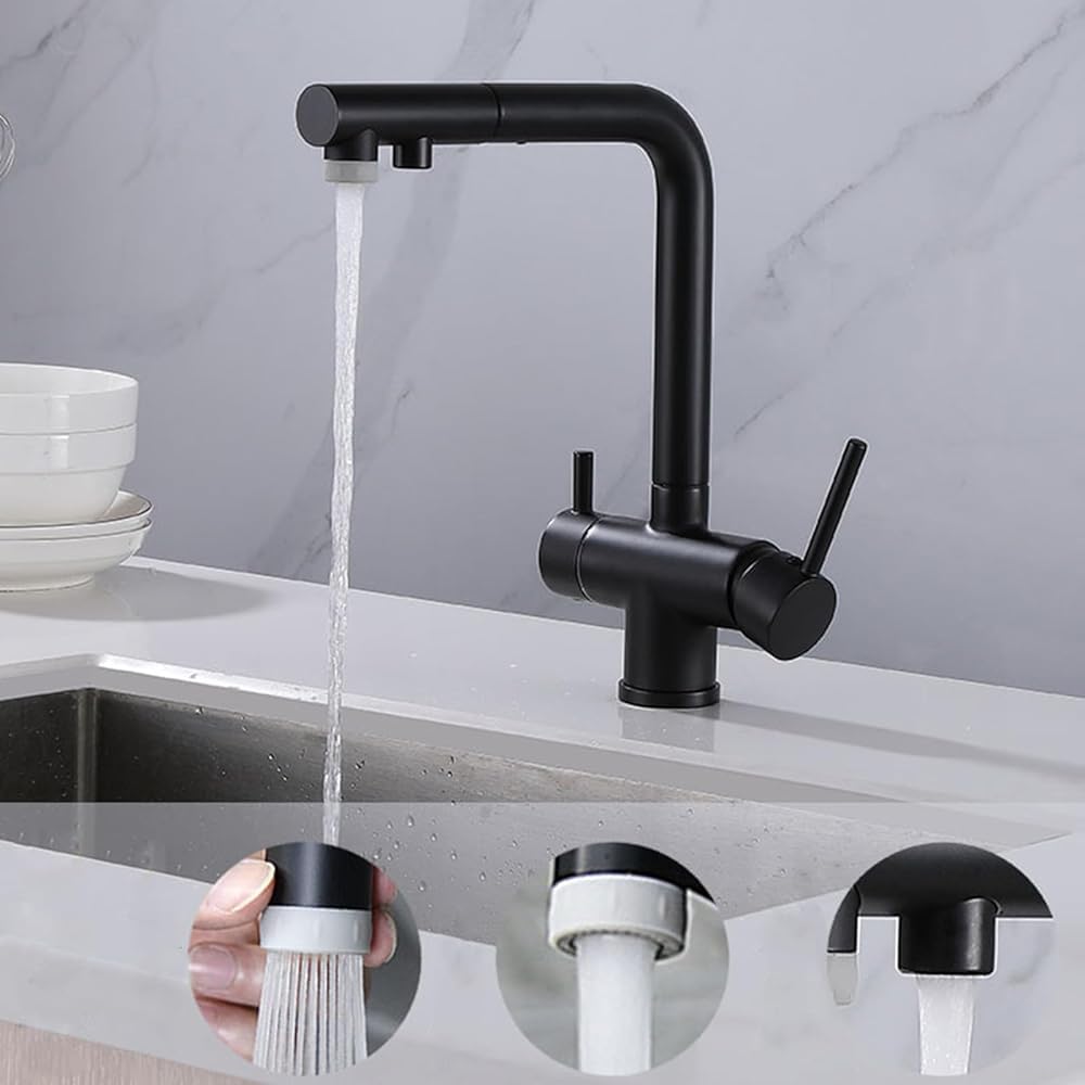 3-Wege-Küchenarmatur - Ausziehbarer Mischbatterie mit Schwenkauslauf für Trinkwasser und Filtration