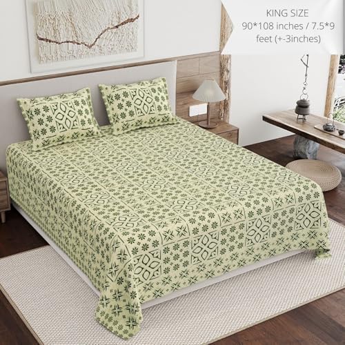 Image of Living Roots Ethnic Jaipur Block Print Double Cotton Bedsheet & 2 Pillow Covers, for Mattress Upto 6 inches Thick, No Colour Bleeding, Green Colour, King Size 90 * 108 inches, 120TC (612-B)