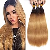 Ombre 1B27 Hair Bundles Honey Blonde Straight Human Hair 3 Bundles 18 20 22 Inch Weave Human Hair Bundles Honey Blonde Color 100% Unprocessed Virgin Brazilian Straight Hair Extensions