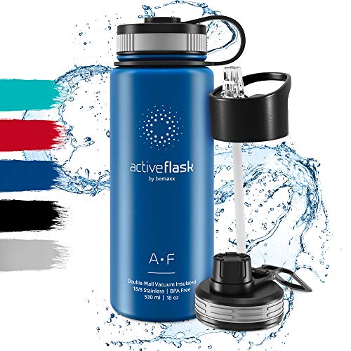 Botella de Agua Térmica Active Flask + Pajita (3 Tapones) sin BPA - 1l & 500ml | Frasco Termo de Acero Inoxidable + Aislamiento Vacío | Cantimplora Aislada Bicicleta Deporte Caliente Fría Café Té