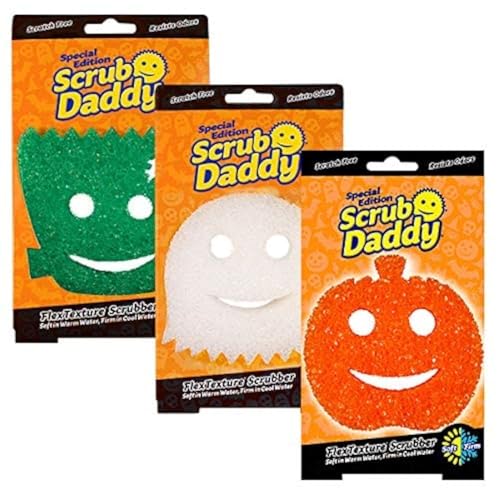 Scrub Daddy Halloween Scrubber Cleaning Sponges for Washing Up Dish Kitchen Sponge Non Scratch Multi-Use Scrubbing FlexTexture Firm & Soft Design Dishwashing Safe 3-Pack