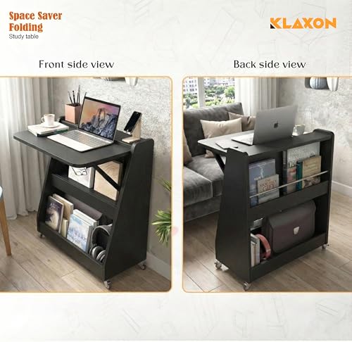 Image of Klaxon Foldable Study Table with Drawer & Storage Shelf | Compact Desk for Home & Students | Folding Design with Lockable Wheels. (Black, DIY Installation) (Black- New, Mylo)
