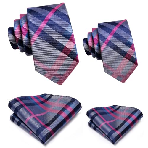 Image of Hi-Tie Father and Son Tie Set Striped Plaid Ties for Men and Boys Silk Necktie Pocket Square Set for Wedding Gifts